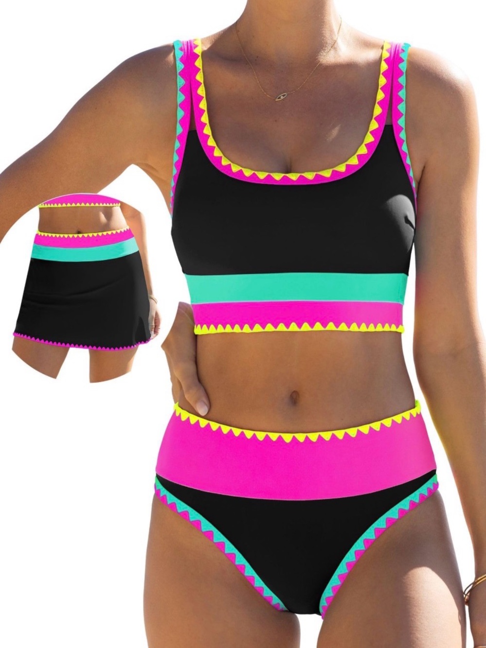 Color-Block Black Three Piece Bikini Set with Pink & Aqua Accents